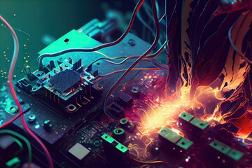 Poster - close-up of a circuit board with wires and chips that are starting to melt, causing sparks and glitches in the circuitry., created with generative ai