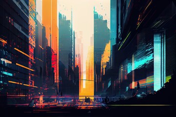 Wall Mural - a digital glitch in a cityscape, with skyscrapers and traffic lights suddenly turning on and off, created with generative ai