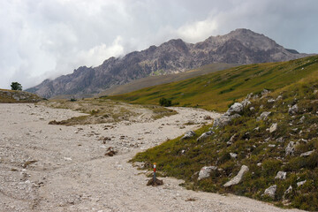 View of a mountain landscape with meadow, trees, and steppe in Abruzzo in summer in Italy