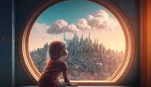 a little girl looking at the city of the future with flying car from behind the window 4