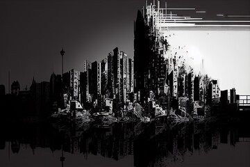 Wall Mural - a digital glitch that makes a cityscape look like it has been torn apart and reassembled in a different way., created with generative ai