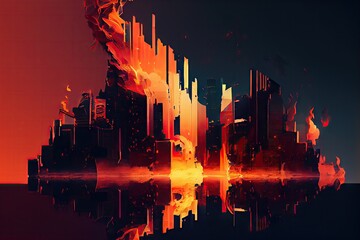 Wall Mural - a digital glitch that makes a cityscape appear to be on fire., created with generative ai