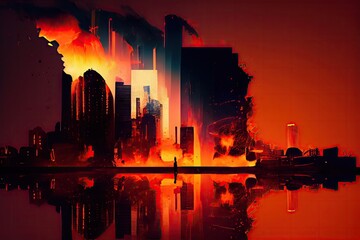 Wall Mural - a digital glitch that makes a cityscape appear to be on fire., created with generative ai