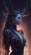 Portrait of a forest nymph, a girl in a black sexy outfit, a druid in a fabulous night world. Created with generative AI.