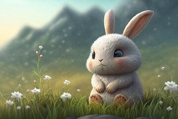 Wall Mural - Cute Cartoon Bunny Rabbit in a Meadow (Generative AI)