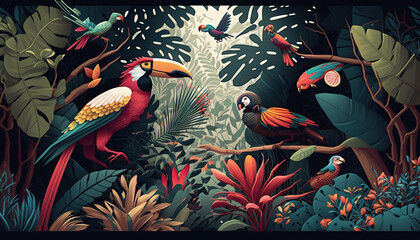 Sticker - tropical colors illustration of trees and birds generative ai