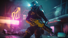 Futuristic Game Character Hero Soldier In Armor Wears Night Vision Helmet Holds Assault Rifle Weapon On Night Light Dangerous Cyberpunk Game Play Cinematic Scene. Generative AI