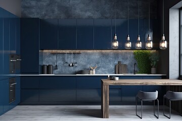 Sticker - Dark blue minimalist kitchen. Generative AI