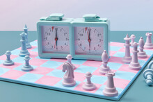 Chess Set In Pastel Blue And Pink Colors.