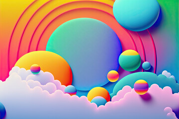 Wall Mural - dimensional rainbow circles and clouds Y2K Nostalgic cartoon shape background (generative ai)