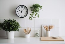 Modern Minimalistic Simple Kitchen Interior With Small Plant, A Few Cookbooks And A Clock, AI Generated Illustration