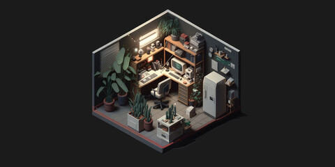 software devolper office, low key ambient, untidy, no plants, isometric diorama