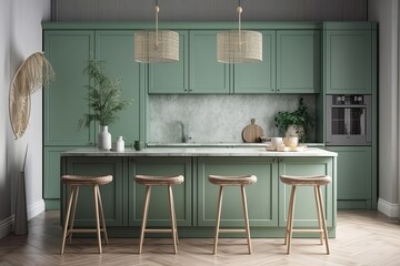 Canvas Print - Green pastel counter and cabinet in modern Japanese mock up room. Kitchen chair and twigs. Excellent. Generative AI