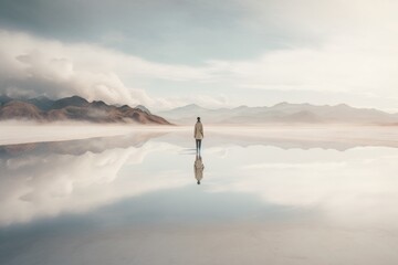 Aufkleber - A Man Standing In The Middle Of A Lake With Mountains In The Background Desert Sand Dunes At Dawn Fine Art Photography Fine Art Photography Generative AI 