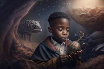 Poster - A Young Boy Is Holding A Small Lamp And Looking At A Strange Creature Aquarium Advertising Photography Fine Art Photography Generative AI 
