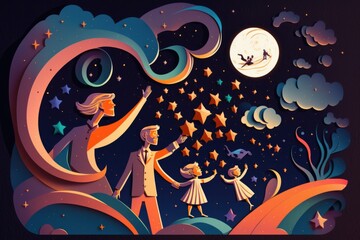 Poster - A Man And Woman H
olding Hands Under A Night Sky With Stars Lunar Landscape Paper Cutting Astronomy Generative AI  generative Ai, generative, AI, 