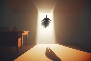 Poster - A Person Standing In A Doorway With Their Arms Outstretched In The Air Bank Animation Animation Filmmaking Generative AI 