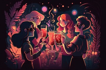 Poster - A Group Of Women Standing Around A Table With Drinks In Front Of Them Nightclub Animation Cocktails Generative AI 