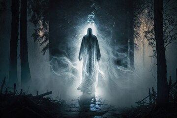 Wall Mural - A Person Standing In A Dark Forest With A Light Shining Through The Fog Cemetery Long Exposure Photography Spirits Generative AI 