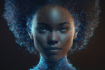 Poster - A Woman With A Blue Face And Stars On Her Hair Looking At The Camera Workshop Animation Motion Graphics Generative AI 