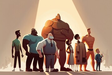 Poster - A Group Of People Standing In Front Of A Giant Man With A Light Shining On Them Movie Theater Animation Animation Filmmaking Generative AI 