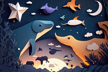 Poster - A Paper Cut Of A Whale And Other Animals In The Ocean Aquarium Paper Cutting Wildlife Conservation Generative AI 