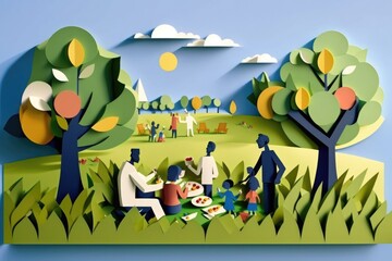 Poster - A Paper Cut Of People Sitting Around A Table In A Park Orchard Paper Cutting Motion Graphics