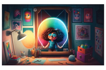 Poster - A Cartoon Girl Looking In A Mirror With A Rainbow Light In Her Hair Workshop Advertising Photography Animation Filmmaking Generative AI 