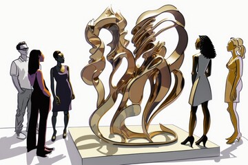 Poster - A Group Of People Standing Around A Sculpture Of A Woman And Man Monument Kinetic Art Metal Art
