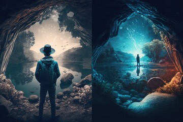 Aufkleber - A Man Standing In A Cave Looking At A Lake And A Man Standing In A Cave Looking At A Lake Oasis Panoramic Photography Advertising Design Generative AI 