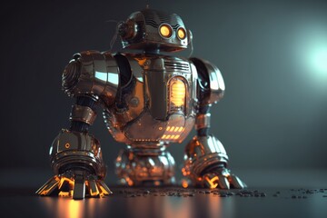 Poster - A Robot With Glowing Eyes And A Glowing Arm Is Standing In A Dark Room Junkyard Animation Robotics Engineering