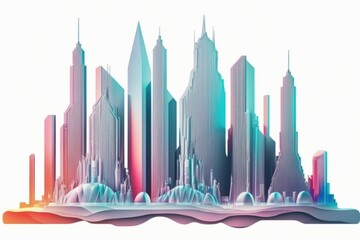 Poster - A City With Tall Buildings And A Rainbow Colored Sky Line In The Background Modern Urban Skyline Graphic Design Cities Generative AI 