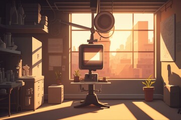 Poster - a room with a window a desk and a television abandoned factory at sunset animation animation filmmak