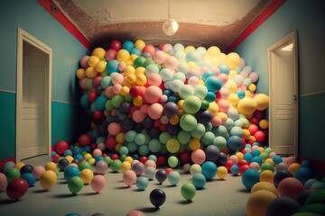 Poster - A Room Filled With Lots Of Balloons Floating In The Air And A Doorway Arcade Installation Art Color Photography