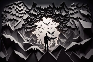 Poster - A Man Standing In Front Of A Mountain With Birds Flying Around Tundra Paper Cutting Set Design Generative AI 