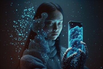 Poster - A Woman Holding A Cell Phone In Her Hands With A Glowing Image Of A Cloud Deep Sea Trench Video Art Natural Language Processing Generative AI 