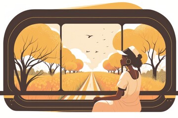 Poster - A Woman Looking Out A Window At A Field With Trees And Birds Autumn Forest Animation Public Transportation