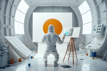 Poster - A Man In A White Suit Painting In A White Room With Orange Circles Lunar Landscape Animation Motion Graphics generative Ai, generative, AI, 