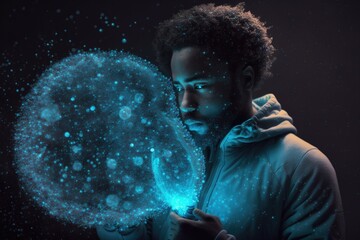 Poster - A Man Holding A Glowing Ball Of Light In His Hands And Looking At It Deep Sea Trench Advertising Photography Influencer Marketing Generative AI 
