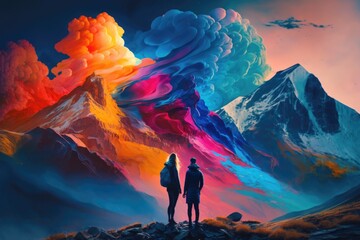 Aufkleber - A Painting Of Two People Standing On A Mountain Top With A Rainbow Cloud Mountain Digital Art Digital Art Generative AI 