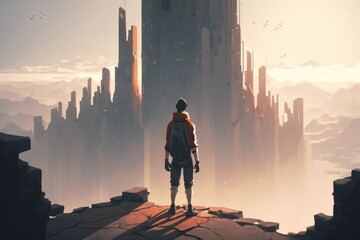 Poster - A Man Standing On Top Of A Cliff Looking At A City Modern City Skyline At Sunrise Animation Cities Generative AI 