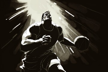 Poster - A Man Is Playing Basketball In A Black And White Photo With Light Coming From Behind Basketball Court Sports Photography Coaching Generative AI 