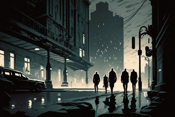 Poster - A Group Of People Walking Down A Street Next To A Car City Street At Night Woodcut Animation