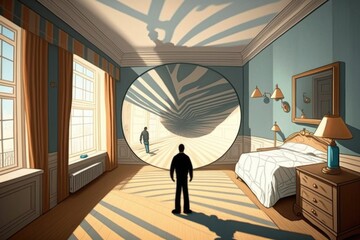 Poster - a man standing in a bedroom with a large circular mirror in the wall bedroom surrealism augmented re