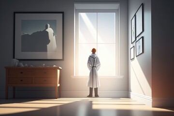 Poster - A Person Standing In A Room With A Window And A Dresser Bedroom Photorealism Alternative Investments