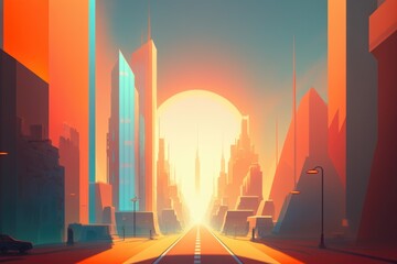 Poster - A Futuristic City With A Sun Setting In The Background And A Train Track Running Through The Middle Modern City Skyline In The Morning With Sunrise Animation Cities Generative AI 