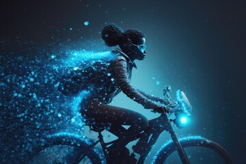 Fototapete - A Woman Riding A Bike With A Bright Light On Her Head Bike Path Advertising Photography Advertising Design Generative AI 