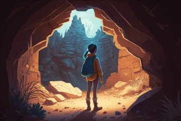 Aufkleber - A Girl Standing In A Cave Looking At The Light From The Entrance Canyon Environmental Art Adventure Generative AI 
