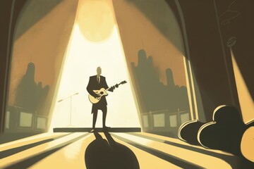 Poster - A Man With A Guitar Standing In A Stage With A Spotlight Concert Hall Animation Music Performance