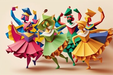 Poster - A Group Of Colorfully Dressed People Dancing Together With Umbrellas Dance Studio Paper Cutting Advertising Design Generative AI 